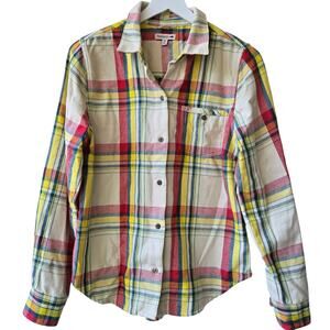 Toad & Co Mojo Plaid Oatmeal Button Up Flannel Long Sleeve Shirt Womens Medium